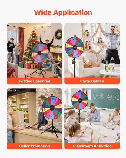 610 mm Spinning Prize Wheel, 14 Slots Spinning Wheel with Tripod, Adjustable Height Win Fortune Roulette with a Dry Erase and 2 Markers, 6 Colors, Easy Assembly, for Party Pub Trade Show Carnival