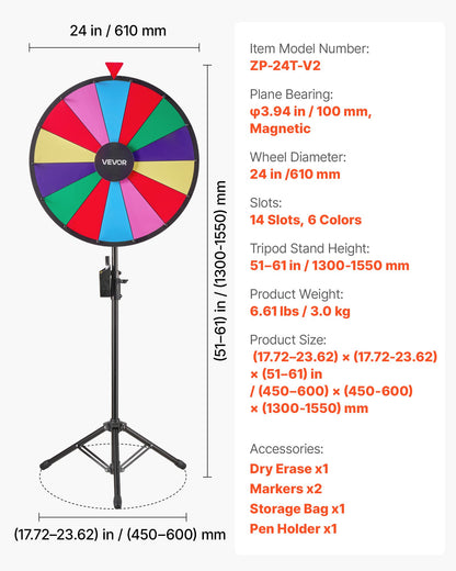 610 mm Spinning Prize Wheel, 14 Slots Spinning Wheel with Tripod, Adjustable Height Win Fortune Roulette with a Dry Erase and 2 Markers, 6 Colors, Easy Assembly, for Party Pub Trade Show Carnival