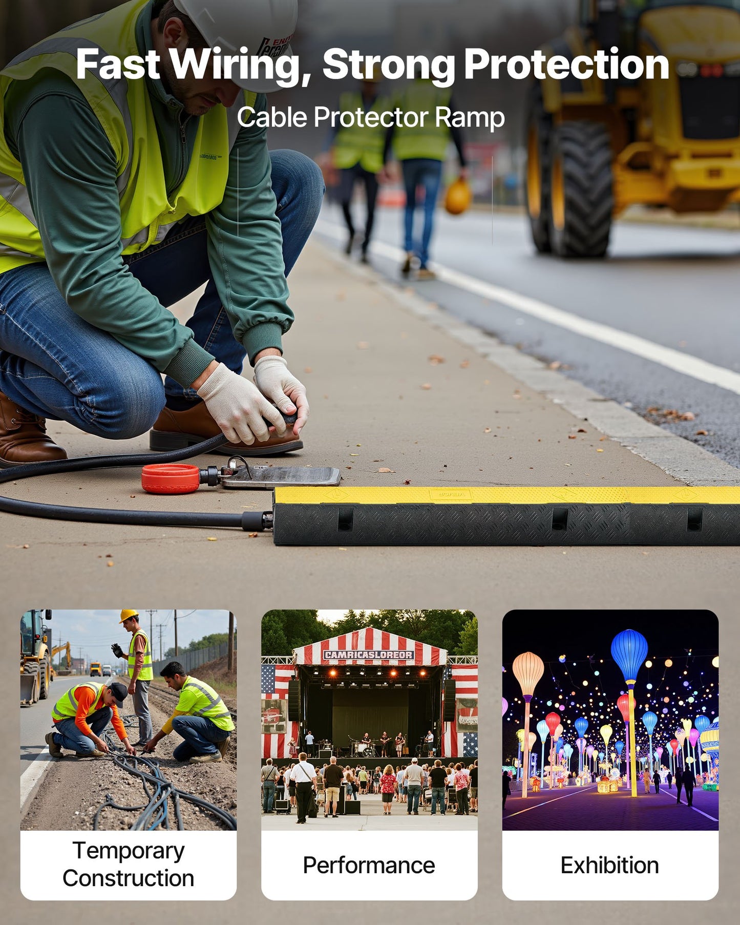 Cable Protector Ramp, 9,979 kg/axle Capacity, 1 Channel Heavy Duty Rubber Cord Hose Wire Cover, 70 x 50 mm Channel, Traffic Speed Bump with Flip-Open Top Cover, for Indoor Outdoor Use, 1 Pack