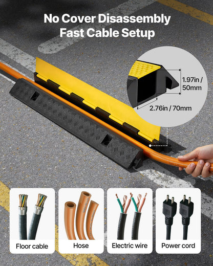 Cable Protector Ramp, 9,979 kg/axle Capacity, 1 Channel Heavy Duty Rubber Cord Hose Wire Cover, 70 x 50 mm Channel, Traffic Speed Bump with Flip-Open Top Cover, for Indoor Outdoor Use, 1 Pack