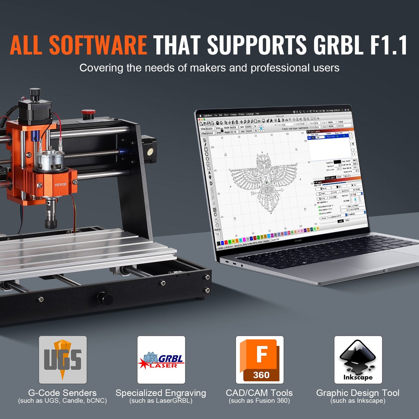 CNC-fräsmaskin, 120 W, 3-axlig GRBL-styrd trägravyr, snidning, fräsmaskin, 11,81 x 7,87 x 2,83 tum / 300 x 200 x 72 mm, arbetsyta 1200 varv/min för trä, akryl, MDF, PVC, plastskum