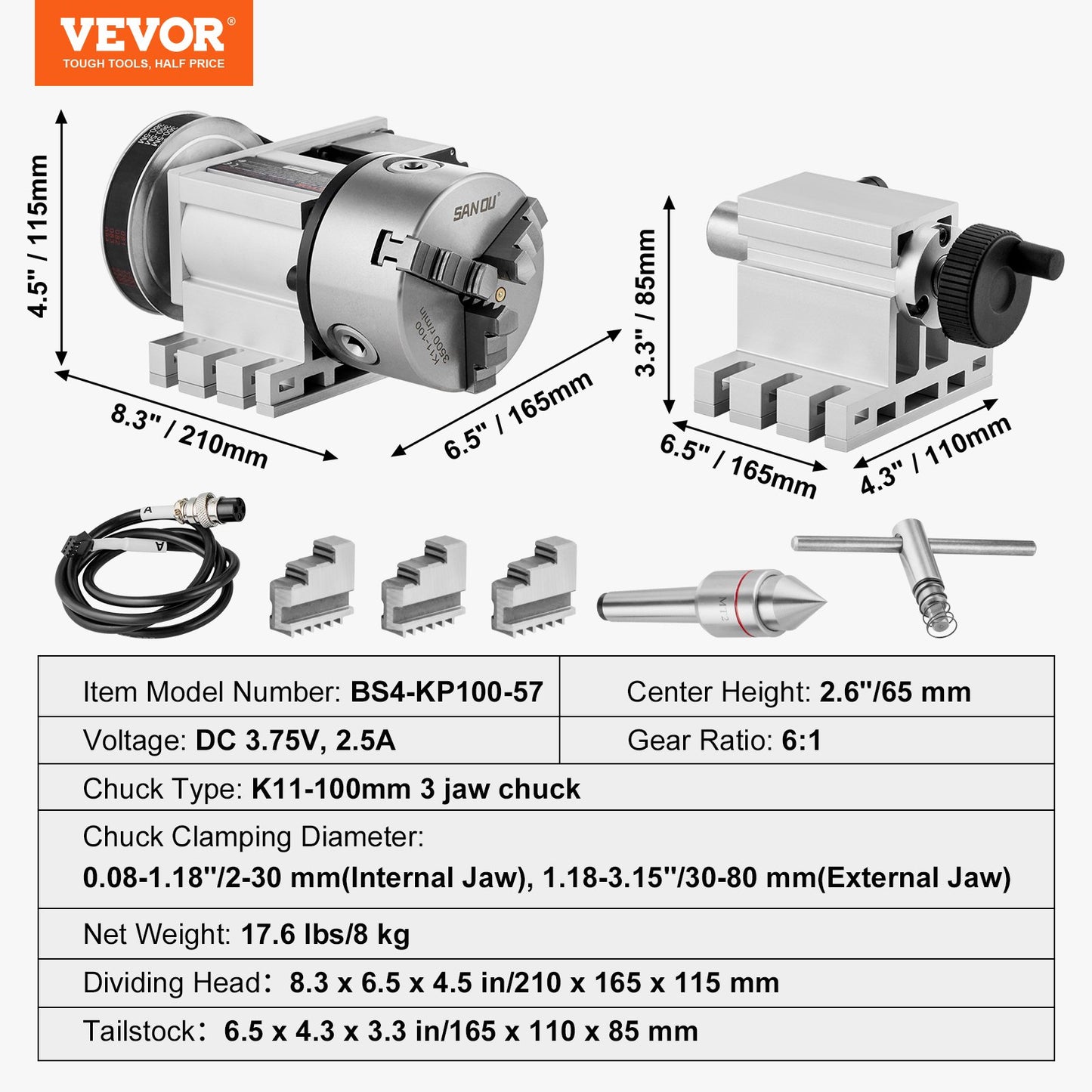 Dividing Head, K11-100mm 3-Jaw Chuck, CNC Router Milling Machine Rotational Axis 4th Axis A Axis Indexing Head, 66 mm(2.6")/65 mm Center Height MT2 Tailstock 6:1 Gear Ratio, Universal for Engraving
