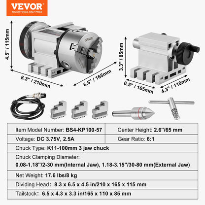 Dividing Head, K11-100mm 3-Jaw Chuck, CNC Router Milling Machine Rotational Axis 4th Axis A Axis Indexing Head, 66 mm(2.6")/65 mm Center Height MT2 Tailstock 6:1 Gear Ratio, Universal for Engraving