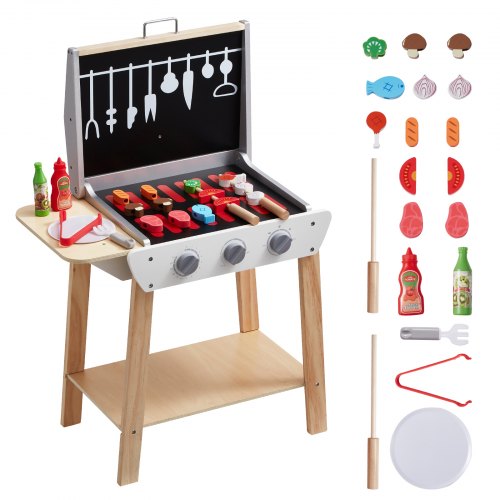 Wooden Play Barbecue Toy Grill, Kids Grill Playset with Play Food and Grilling Tools, Wooden Play Food Kitchen Accessory (21 PCS), Pretend Play Cooking Toy for Toddlers Boys Girls Age 3+ Gift