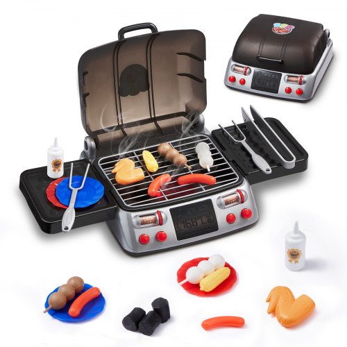 Kids BBQ Grill Toy Set with Pretend Smoke Sound Light, Play Food & Kitchen Toy Accessories, Interactive Toddler BBQ Camping Cooking Barbecue Playset for 2 3 4 5 6 Year Old Girl Boy Birthday Gift
