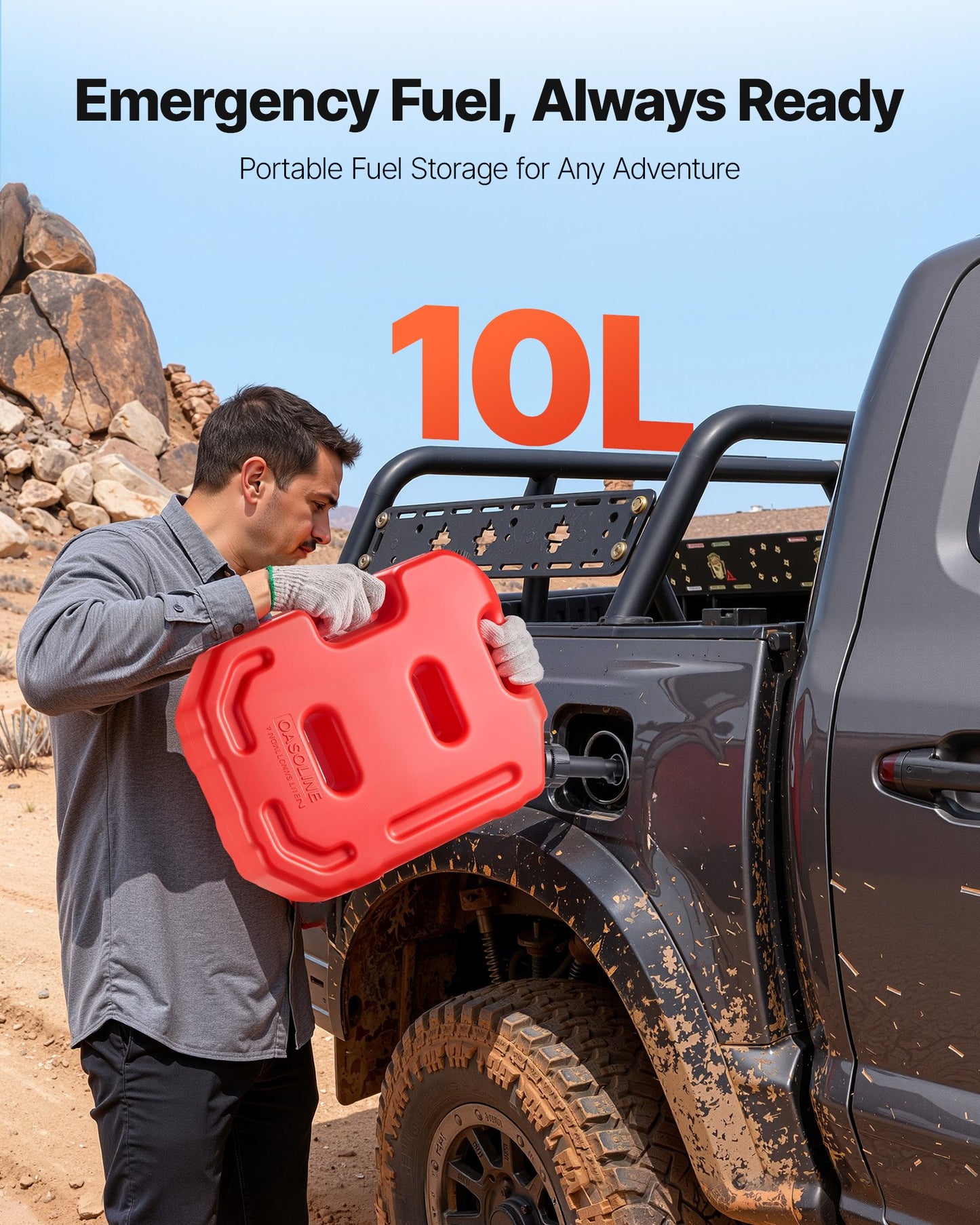 Fuel Container, 10 L, Gas Can with Spout and Lockable Bracket, 15 L/min Max Flow Rate, Secure & Leak-proof, Portable Flat Fluid Container for Most Cars Motorcycle ATV UTV, Red