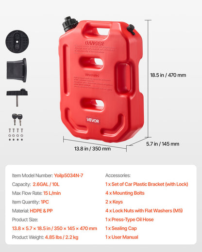 Fuel Container, 10 L, Gas Can with Spout and Lockable Bracket, 15 L/min Max Flow Rate, Secure & Leak-proof, Portable Flat Fluid Container for Most Cars Motorcycle ATV UTV, Red