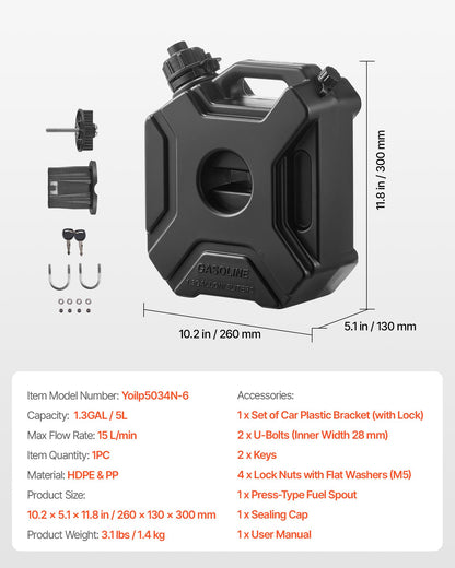 Fuel Container, 5 L, Gas Can with Spout and Lockable Bracket, 15 L/min Max Flow Rate, Secure & Leak-proof, Portable Flat Fluid Container for Most Cars Motorcycle ATV UTV, Black