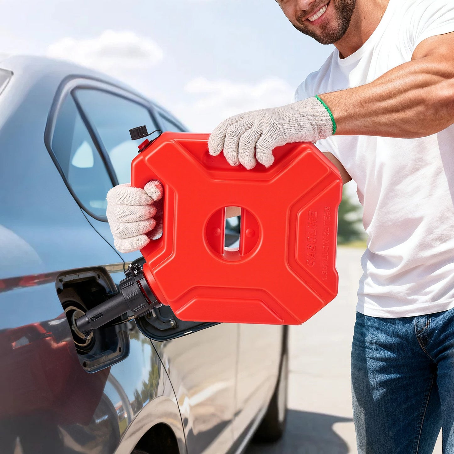 Fuel Container, 5 L, Gas Can with Spout and Lockable Bracket, 15 L/min Max Flow Rate, Secure & Leak-proof, Portable Flat Fluid Container for Most Cars Motorcycle ATV UTV, Red