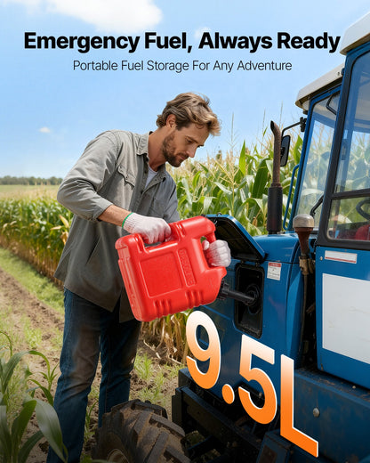 Fuel Container, 9.5 L, Gas Tank with Spout & Clear Scale, 15 L/min Max Flow Rate, Secure & Leak-proof, Portable Flat Fluid Container for Most Cars Motorcycle ATV UTV, Red, 1 Pack