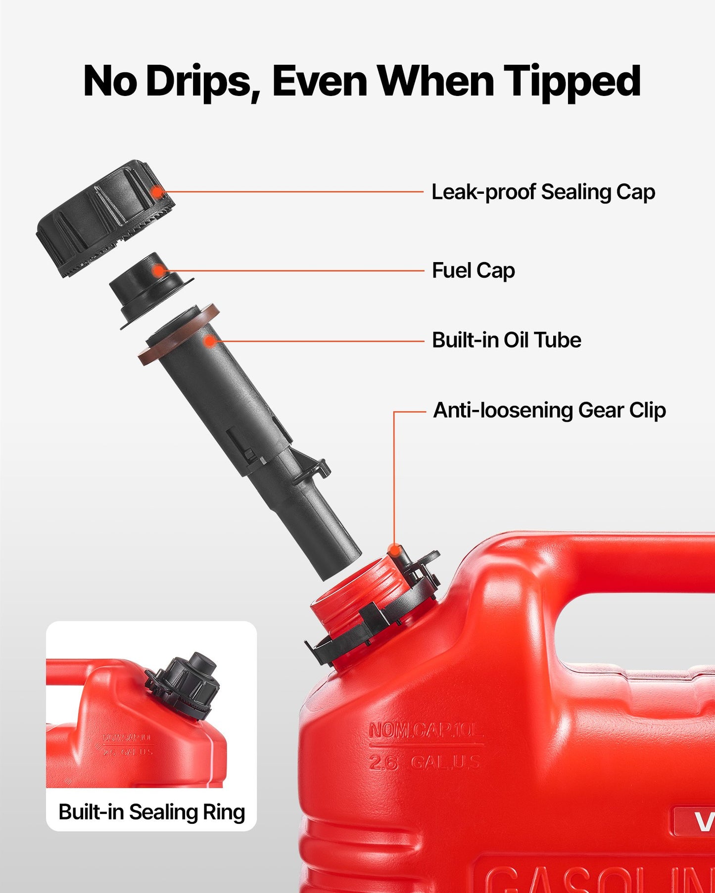 Fuel Container, 9.5 L, Gas Tank with Spout & Clear Scale, 15 L/min Max Flow Rate, Secure & Leak-proof, Portable Flat Fluid Container for Most Cars Motorcycle ATV UTV, Red, 1 Pack