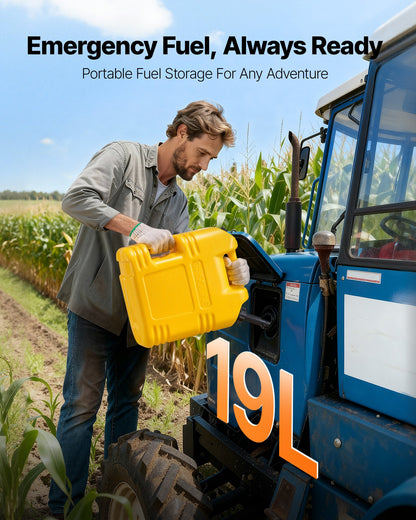 Fuel Container, 19 L, Gas Tank with Spout & Clear Scale, 15 L/min Max Flow Rate, Secure & Leak-proof, Portable Flat Fluid Container for Most Cars Motorcycle SUV ATV UTV, Yellow, 1 Pack