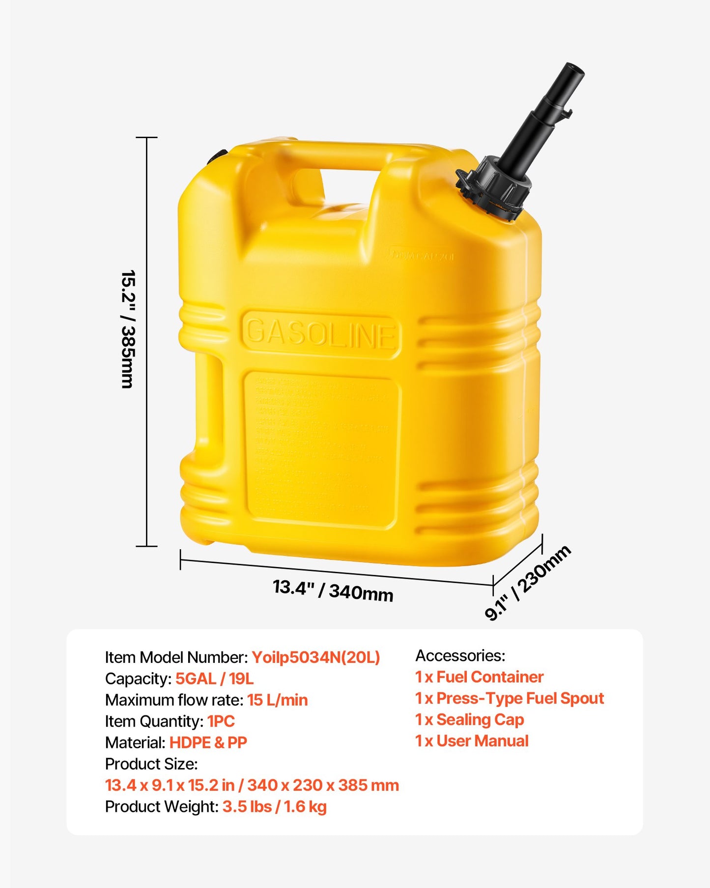 Fuel Container, 19 L, Gas Tank with Spout & Clear Scale, 15 L/min Max Flow Rate, Secure & Leak-proof, Portable Flat Fluid Container for Most Cars Motorcycle SUV ATV UTV, Yellow, 1 Pack