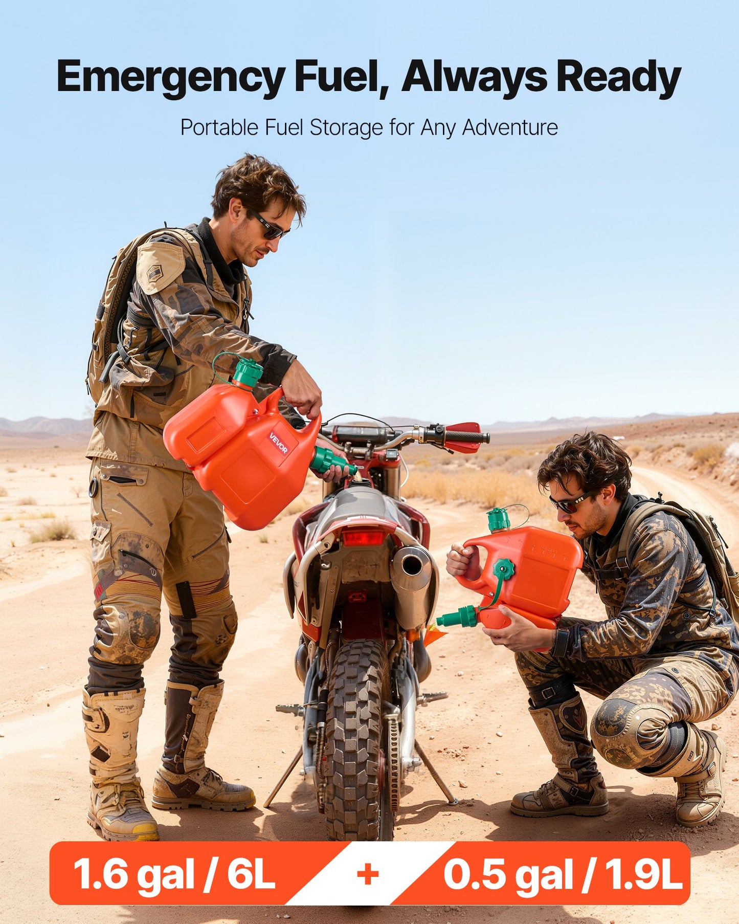 Fuel Container, 6 L, Fuel Tank with Spout & 1.9 L Extra Oil Container, 5.5 L/min Max Flow Rate, Leak-proof and Portable Flat Fluid Container for Most Cars Motorcycle ATV UTV