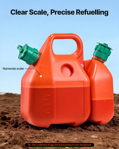 Fuel Container, 6 L, Fuel Tank with Spout & 1.9 L Extra Oil Container, 5.5 L/min Max Flow Rate, Leak-proof and Portable Flat Fluid Container for Most Cars Motorcycle ATV UTV