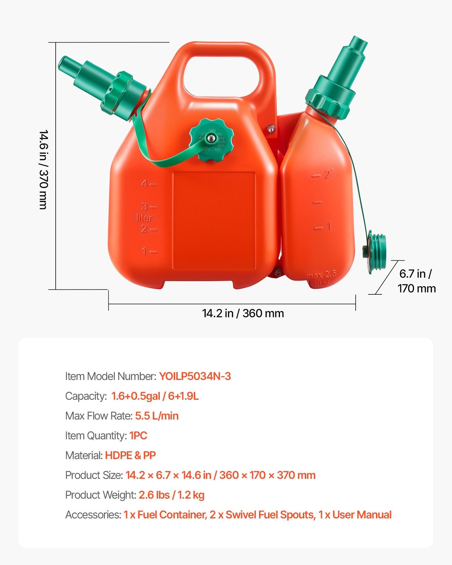Fuel Container, 6 L, Fuel Tank with Spout & 1.9 L Extra Oil Container, 5.5 L/min Max Flow Rate, Leak-proof and Portable Flat Fluid Container for Most Cars Motorcycle ATV UTV