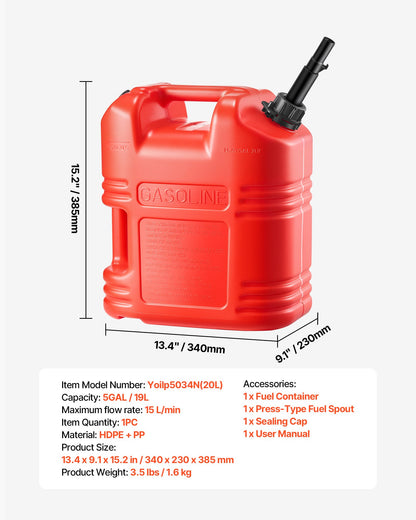 Fuel Container, 19 L, Gas Tank with Spout & Clear Scale, 15 L/min Max Flow Rate, Secure & Leak-proof, Portable Flat Fluid Container for Most Cars Motorcycle ATV UTV, Red, 1 Pack