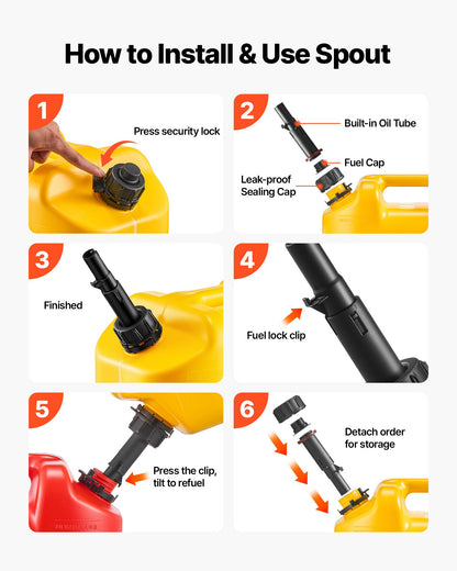 Fuel Container, 19 L, Gas Tank with Spout & Clear Scale, 15 L/min Max Flow Rate, Secure & Leak-proof, Portable Flat Fluid Container for Most Cars Motorcycle SUV ATV UTV, Yellow, 2 Packs