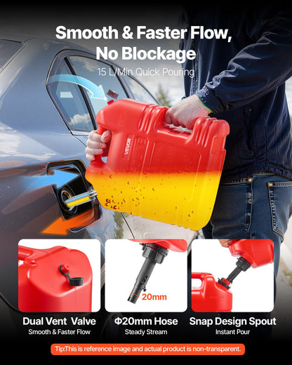 Fuel Container, 19 L, Gas Tank with Spout & Clear Scale, 15 L/min Max Flow Rate, Secure & Leak-proof, Portable Flat Fluid Container for Most Cars Motorcycle ATV UTV, Red, 2 Packs