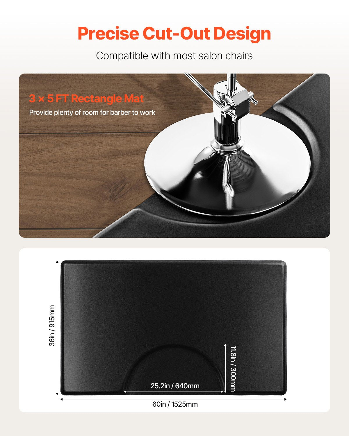 Salon Mat for Hair Stylist, 1525 x 915 mm Rectangle Salon Chair Mat Anti Fatigue, 23mm Thickened PVC + PU Barber Shop Floor Mat with Round Cut Out, Anti-Trip Beveled Edges & Non-slip Bottom