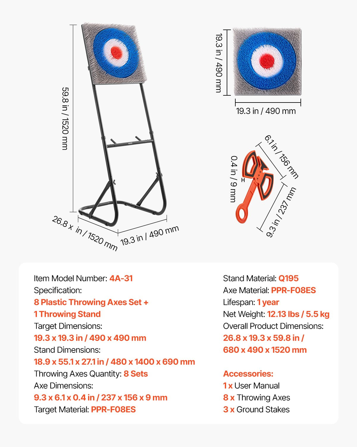 Yxkastspel, plastborstmåltavla med 8 kastyxor, hopfällbar stålram, lätt att förvara, stabil placering för inomhus och utomhus, bakgårds-, trädgårds- och karnevalsspel, vuxna och barn