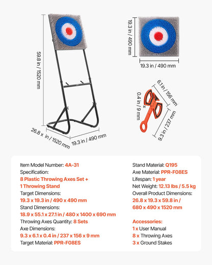 Yxkastspel, plastborstmåltavla med 8 kastyxor, hopfällbar stålram, lätt att förvara, stabil placering för inomhus och utomhus, bakgårds-, trädgårds- och karnevalsspel, vuxna och barn