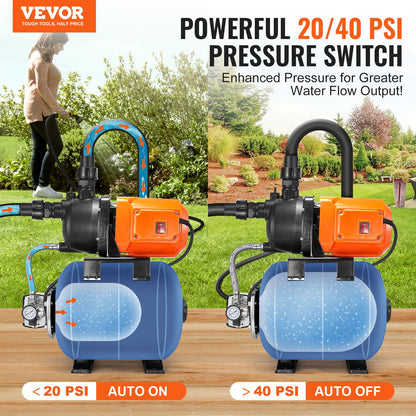 745 W(1 HP) Shallow Well Pump with Pressure Tank, 63 L/min(1000 GPH), Automatic Irrigation Water Booster Pump with 50 m(164 ft) Lift 1.4/2.8 bar(20/40 PSI) Pressure Switch, Thermoplastic Pump Head for Home Garden Lawn