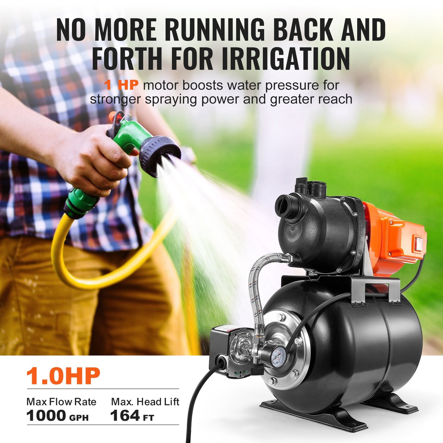 745 W(1 HP) Shallow Well Pump with Pressure Tank, 63 L/min(1000 GPH), Automatic Irrigation Water Booster Pump with 50 m(164 ft) Lift 1.4/2.8 bar(20/40 PSI) Pressure Switch, Thermoplastic Pump Head for Home Garden Lawn