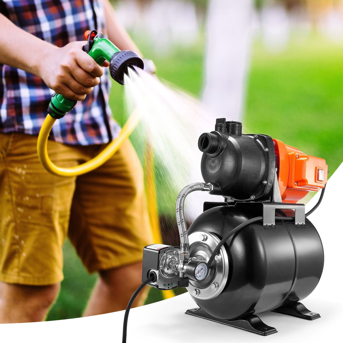 745 W(1 HP) Shallow Well Pump with Pressure Tank, 63 L/min(1000 GPH), Automatic Irrigation Water Booster Pump with 50 m(164 ft) Lift 1.4/2.8 bar(20/40 PSI) Pressure Switch, Thermoplastic Pump Head for Home Garden Lawn