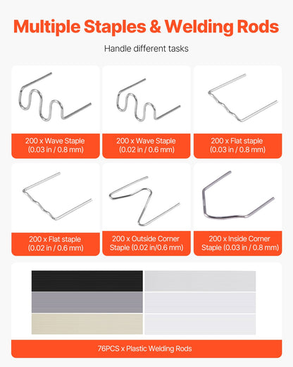 Plastsvetssats, 220W plastsvetspistol med 1200 st. häftklamrar och 76 st. svetstrådar, professionell häftklamrare med LED-ljus, bärväska för kajak, leksaker, reparation av bilstötfångare