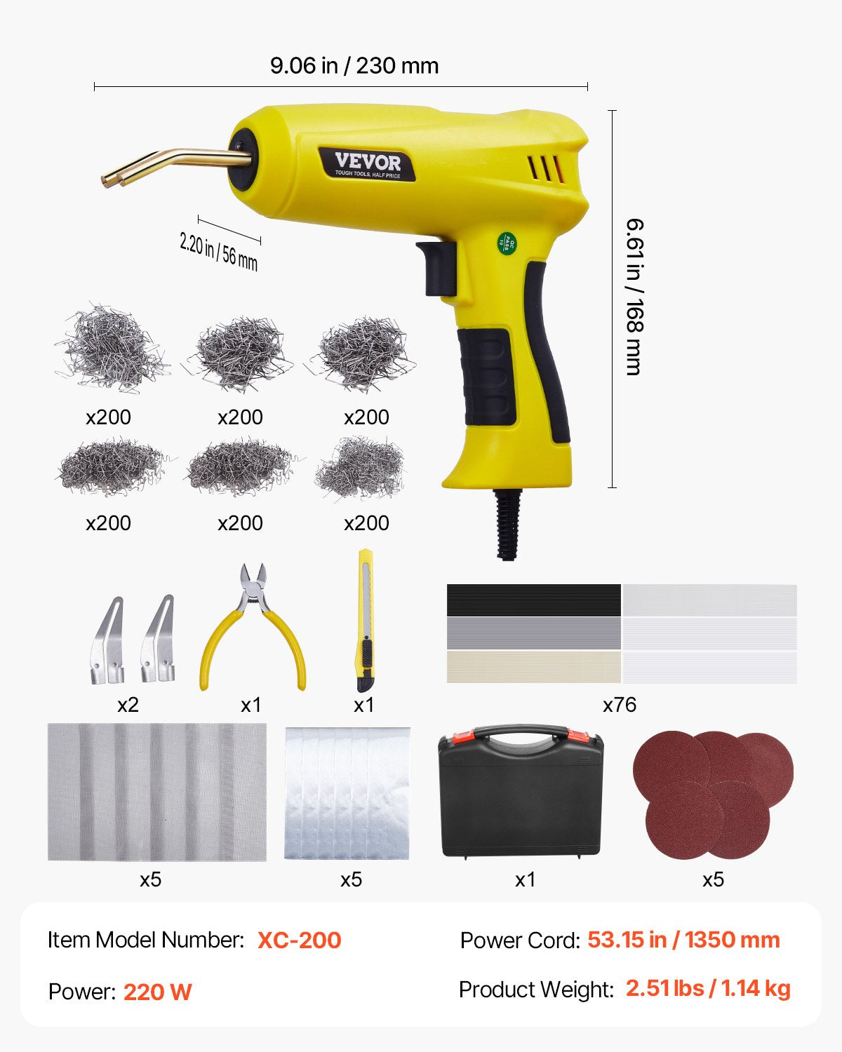 Plastsvetssats, 220W plastsvetspistol med 1200 st. häftklamrar och 76 st. svetstrådar, professionell häftklamrare med LED-ljus, bärväska för kajak, leksaker, reparation av bilstötfångare