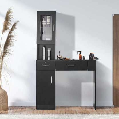 Salon Station, Wall Mount Barber Salon Station for Hair Stylist, Beauty Spa Furniture Set, 1 Storage Cabinet, 3 Cubbies and 2 Drawers(One Lockable), Black