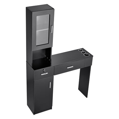Salon Station, Wall Mount Barber Salon Station for Hair Stylist, Beauty Spa Furniture Set, 1 Storage Cabinet, 3 Cubbies and 2 Drawers(One Lockable), Black