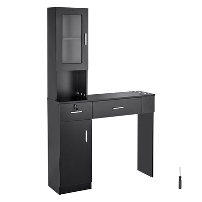 Salon Station, Wall Mount Barber Salon Station for Hair Stylist, Beauty Spa Furniture Set, 1 Storage Cabinet, 3 Cubbies and 2 Drawers(One Lockable), Black