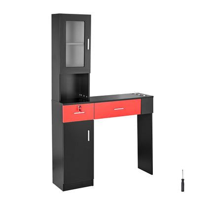 Salon Station, Wall Mount Barber Salon Station for Hair Stylist, Beauty Spa Furniture Set, 1 Storage Cabinet, 3 Cubbies and 2 Drawers(One Lockable), Black and Red