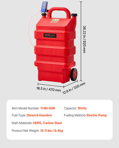 Fuel Caddy, 16 Gallon, Portable Fuel Tank with 12V DC 2.5 GPM Electric Fuel Transfer Pump, 4 ft Delivery Hose & Auto-Stop Sensor Nozzle, Tank Adapters, Suitable for Diesel & Gasoline, Red