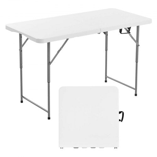 Folding Table, 4 Ft Heavy Duty Portable Fold-in-Half Utility Table, Indoor Outdoor Plastic Rectangle Table with Adjustable Height and Built in Handle, for Party, Dining, Picnic, Camping, White