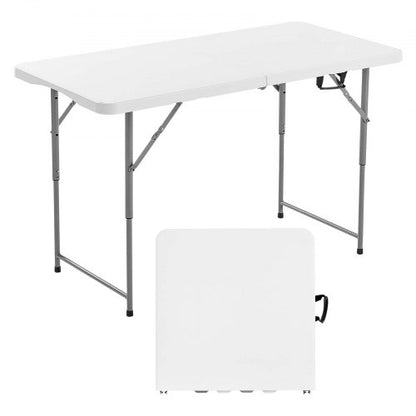 Folding Table, 4 Ft Heavy Duty Portable Fold-in-Half Utility Table, Indoor Outdoor Plastic Rectangle Table with Adjustable Height and Built in Handle, for Party, Dining, Picnic, Camping, White