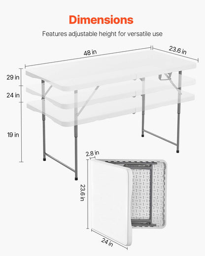 Folding Table, 4 Ft Heavy Duty Portable Fold-in-Half Utility Table, Indoor Outdoor Plastic Rectangle Table with Adjustable Height and Built in Handle, for Party, Dining, Picnic, Camping, White