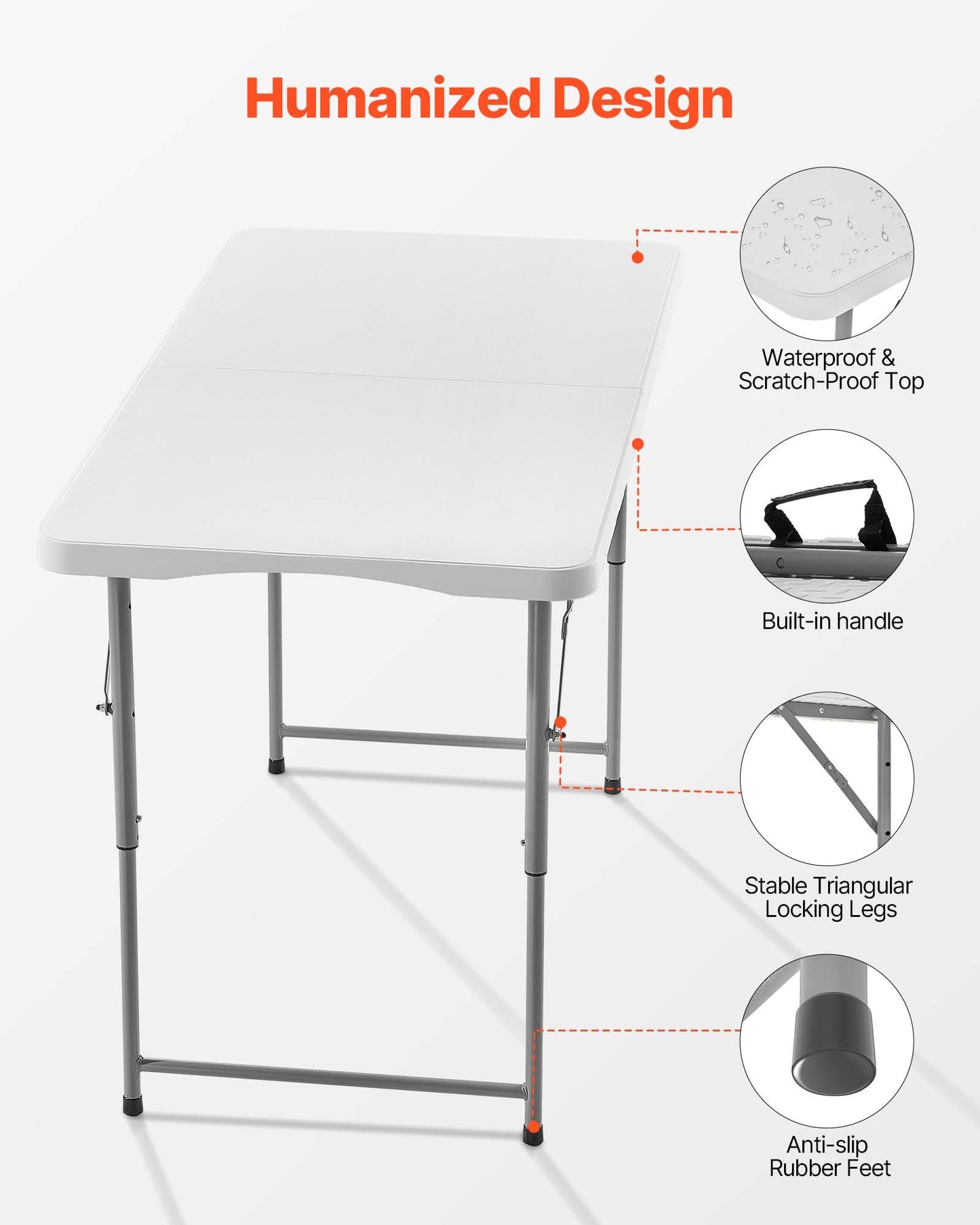 Folding Table, 4 Ft Heavy Duty Portable Fold-in-Half Utility Table, Indoor Outdoor Plastic Rectangle Table with Adjustable Height and Built in Handle, for Party, Dining, Picnic, Camping, White