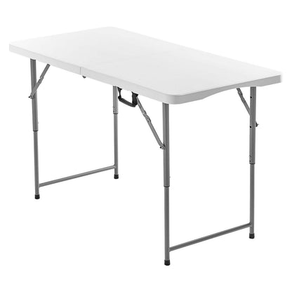 Folding Table, 4 Ft Heavy Duty Portable Fold-in-Half Utility Table, Indoor Outdoor Plastic Rectangle Table with Adjustable Height and Built in Handle, for Party, Dining, Picnic, Camping, White