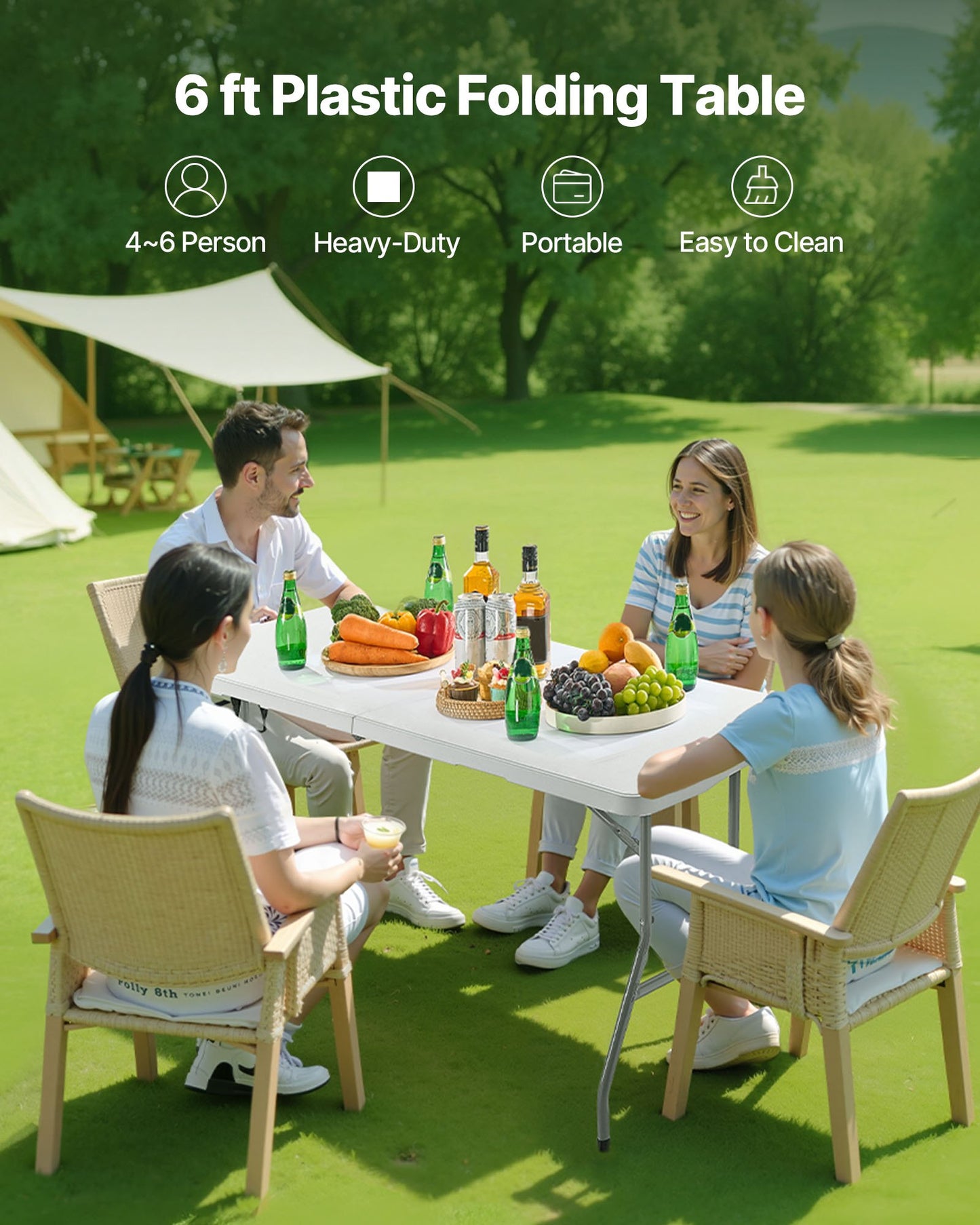 Hopfällbart bord, 1,8 meter kraftigt, bärbart och halvt hopfällbart verktygsbord, rektangulärt plastbord för inomhusbruk och utomhusbruk med inbyggt handtag, för fest, middagar, bröllop, evenemang, picknick, camping, vit