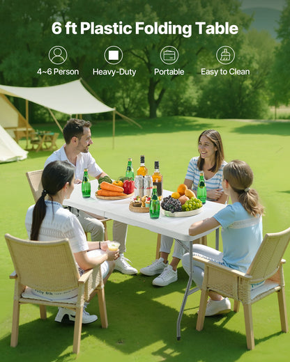 Hopfällbart bord, 1,8 meter kraftigt, bärbart och halvt hopfällbart verktygsbord, rektangulärt plastbord för inomhusbruk och utomhusbruk med inbyggt handtag, för fest, middagar, bröllop, evenemang, picknick, camping, vit