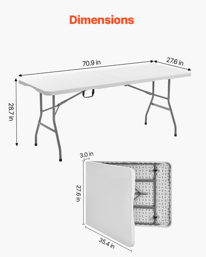 Hopfällbart bord, 1,8 meter kraftigt, bärbart och halvt hopfällbart verktygsbord, rektangulärt plastbord för inomhusbruk och utomhusbruk med inbyggt handtag, för fest, middagar, bröllop, evenemang, picknick, camping, vit