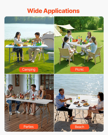 Hopfällbart bord, 1,8 meter kraftigt, bärbart och halvt hopfällbart verktygsbord, rektangulärt plastbord för inomhusbruk och utomhusbruk med inbyggt handtag, för fest, middagar, bröllop, evenemang, picknick, camping, vit