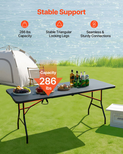 Hopfällbart bord, 1,8 meter kraftigt, bärbart och halvt hopfällbart verktygsbord, rektangulärt plastbord för inomhusbruk och utomhusbruk med inbyggt handtag, för fest, middagar, bröllop, evenemang, picknick, camping, svart