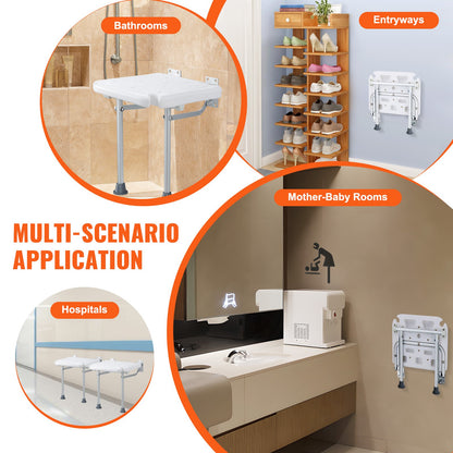 Folding PE Shower Seat, 15.7'' x 14.8'' Unfolded, Wall Mounted Fold Up Shower Bench with 500 lbs Load Capacity, Space Saving Fold Down Shower Chair for Seniors Pregnant Women Children Adults