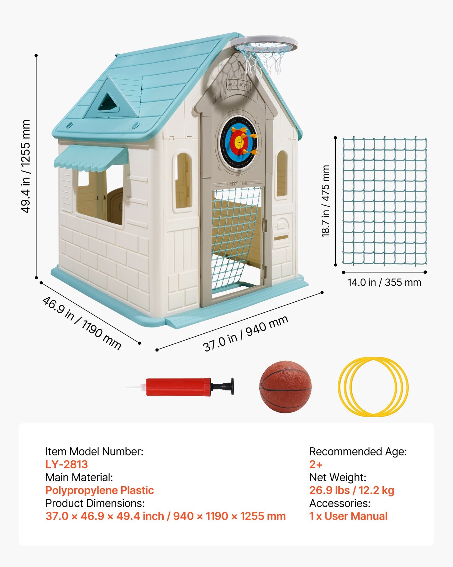 Outdoor Playhouse, 5-In-1 Cottage Play House with Pretend Play, Basketball, Darts, Soccer, Ring Toss, Window & Convenient Door, Toddler Slide Set for Aged 2+, Smooth Edges, Polypropylene Plastic