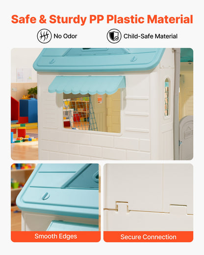 Outdoor Playhouse, 5-In-1 Cottage Play House with Pretend Play, Basketball, Darts, Soccer, Ring Toss, Window & Convenient Door, Toddler Slide Set for Aged 2+, Smooth Edges, Polypropylene Plastic