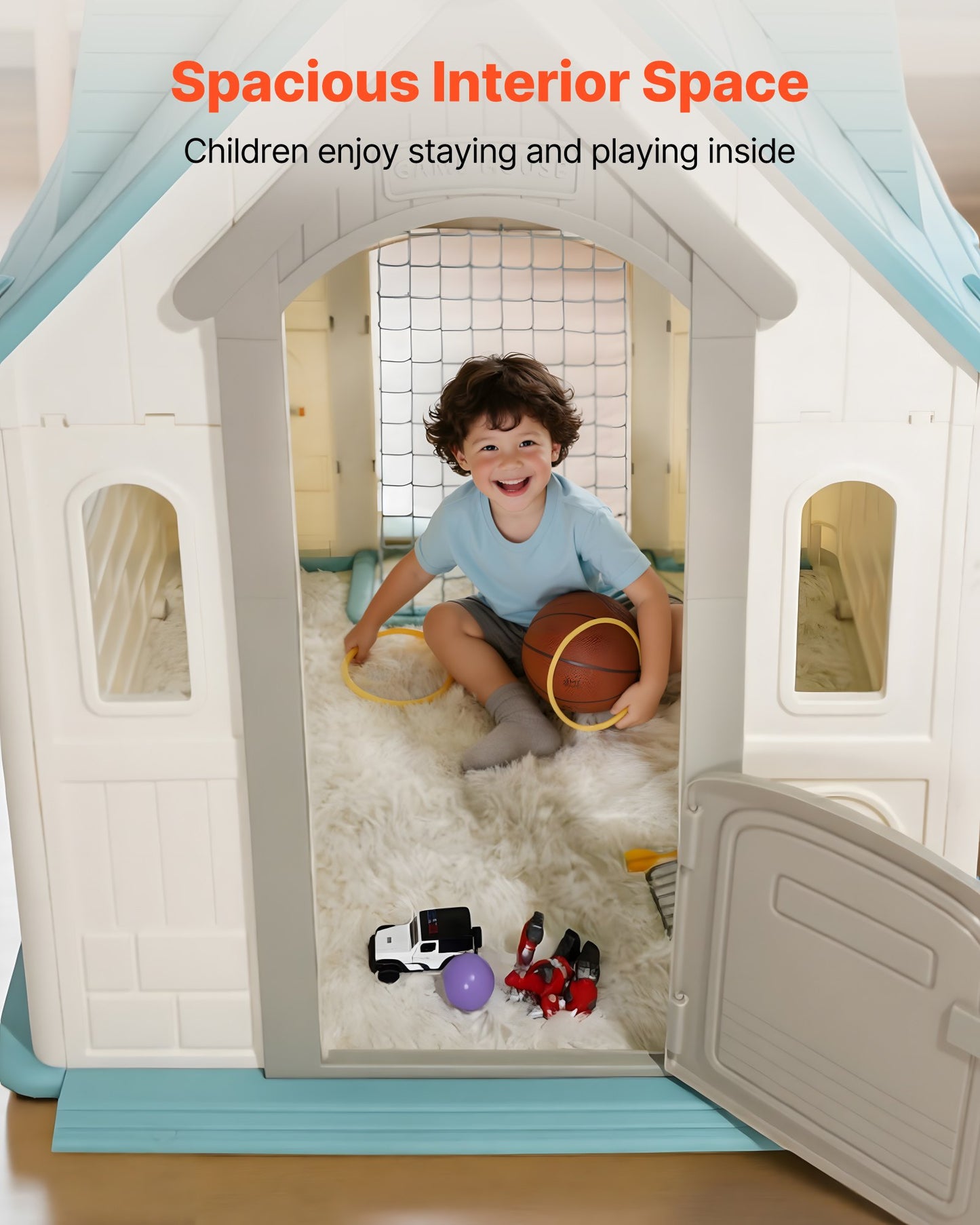 Outdoor Playhouse, 5-In-1 Cottage Play House with Pretend Play, Basketball, Darts, Soccer, Ring Toss, Window & Convenient Door, Toddler Slide Set for Aged 2+, Smooth Edges, Polypropylene Plastic